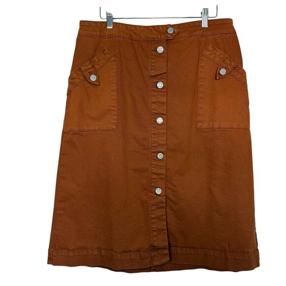 Cato Rust Brown Midi Length Stretchy Button Front Skirt Size 12 - Picture 1 of 5